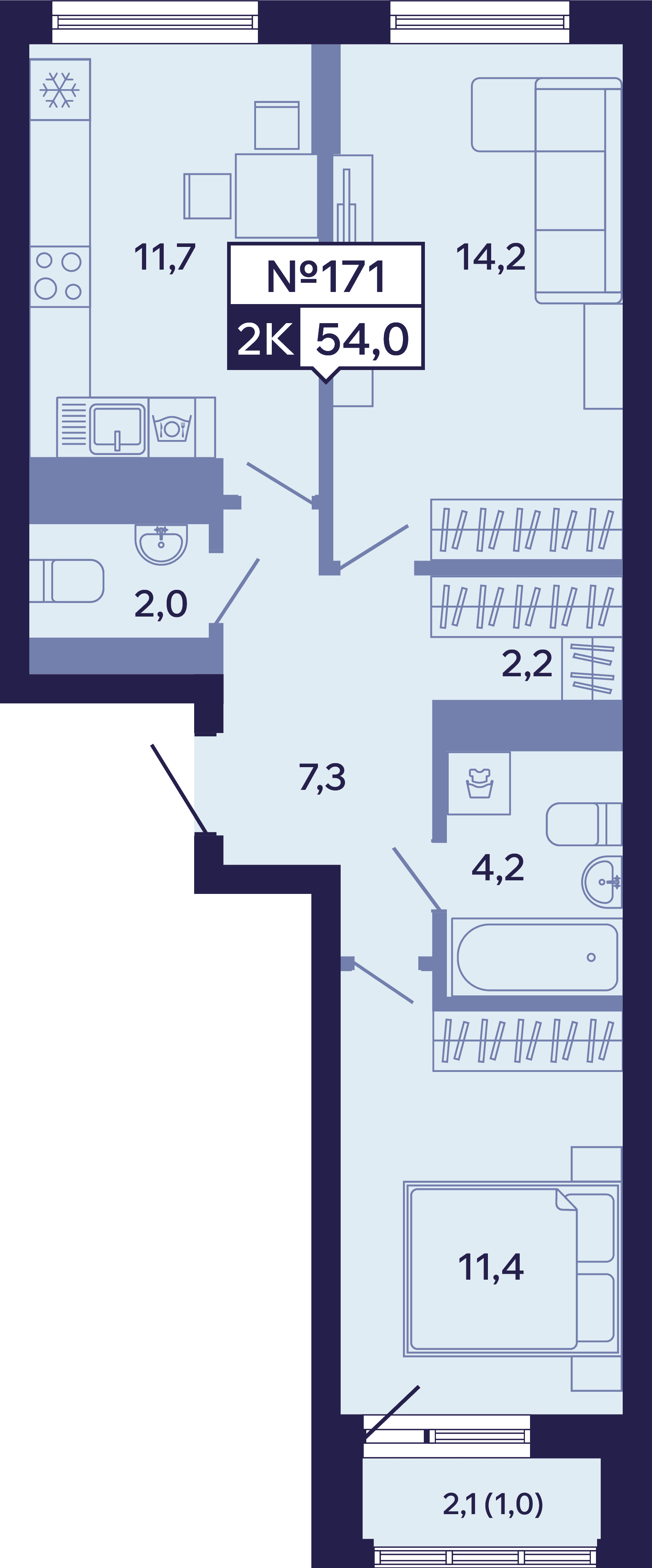 2 комн., 54.0 м²
