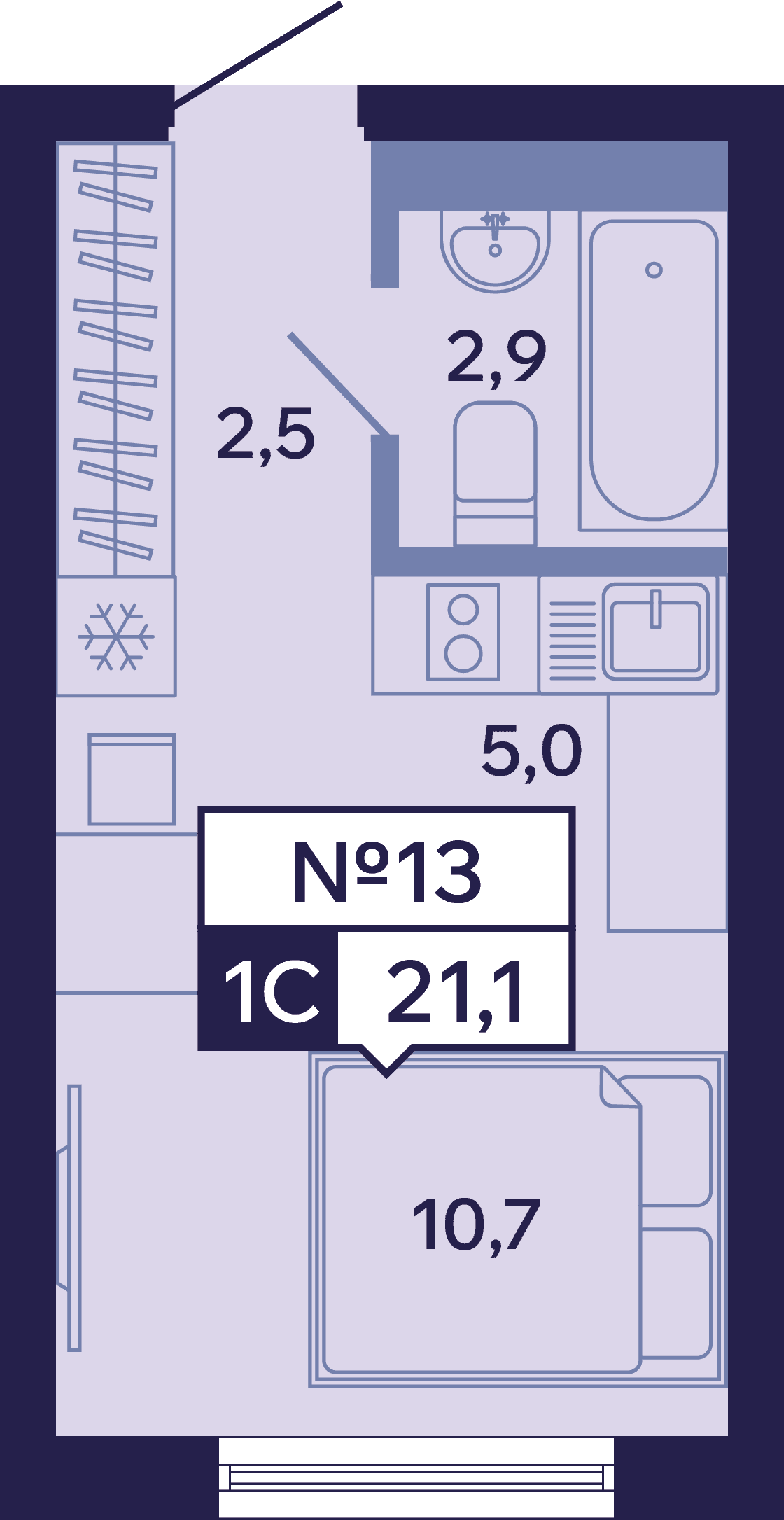 1 комн., 21.1 м²