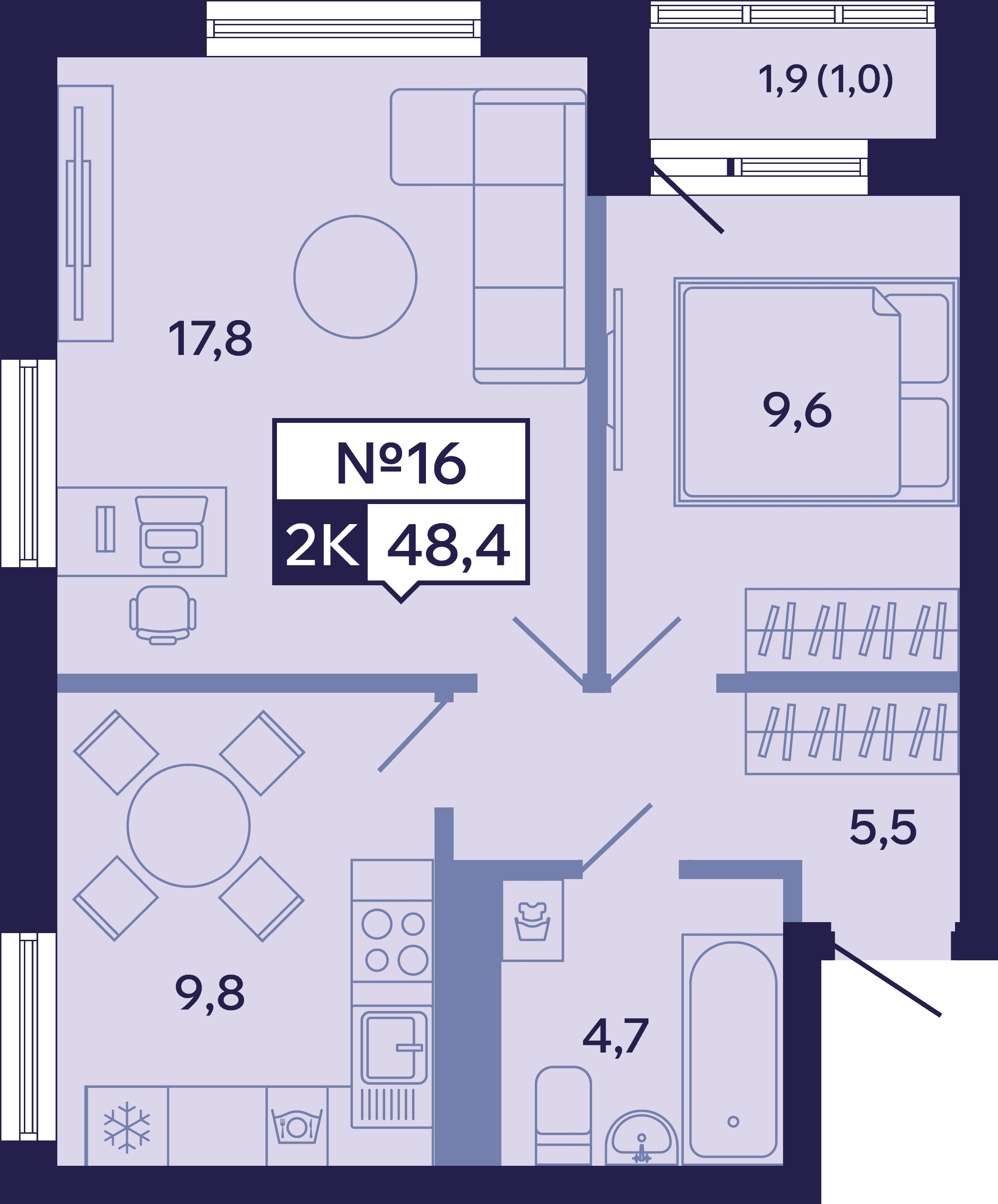 2 комн., 48.4 м²