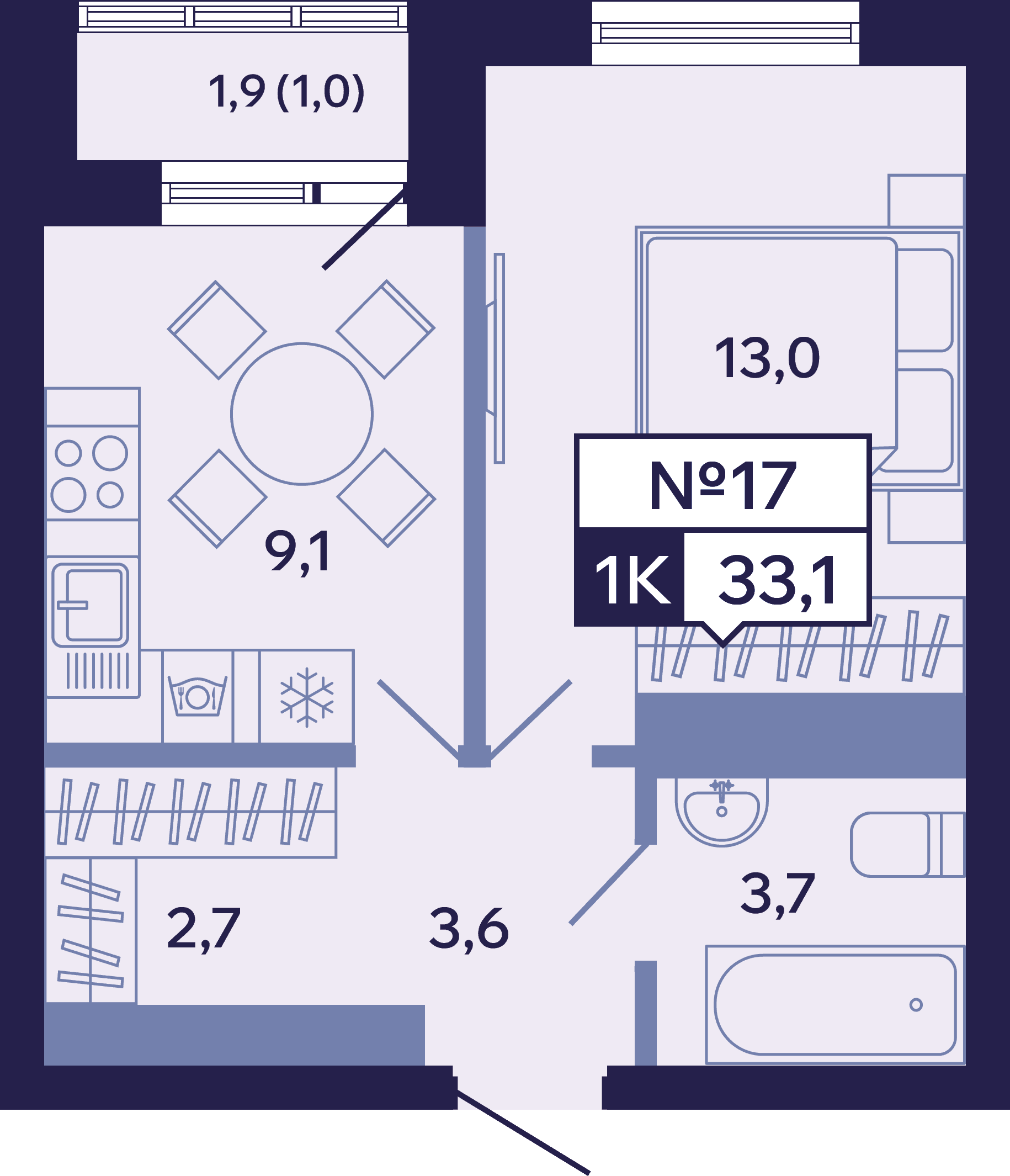 1 комн., 33.1 м²