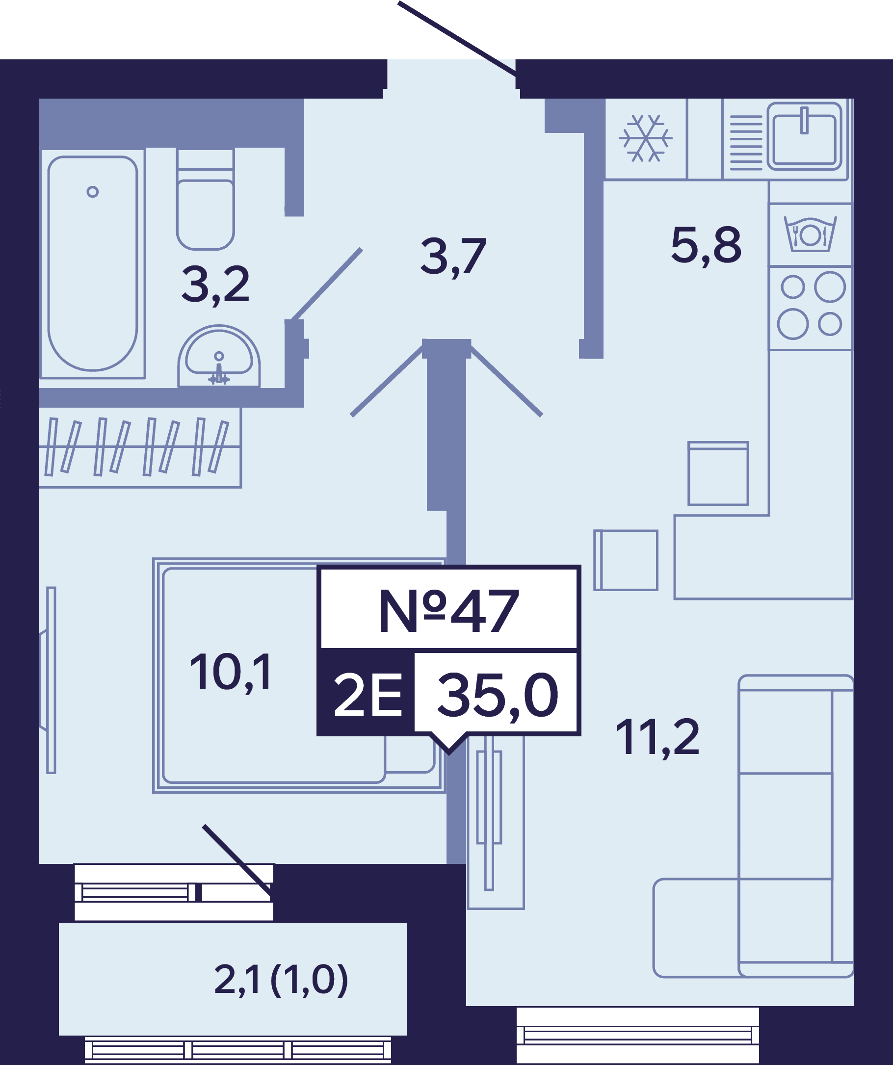 2 комн., 35.0 м²