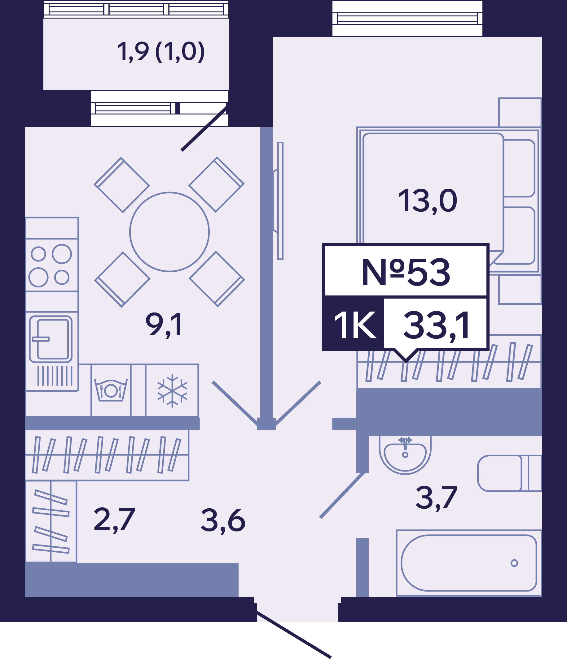 1 комн., 33.1 м²