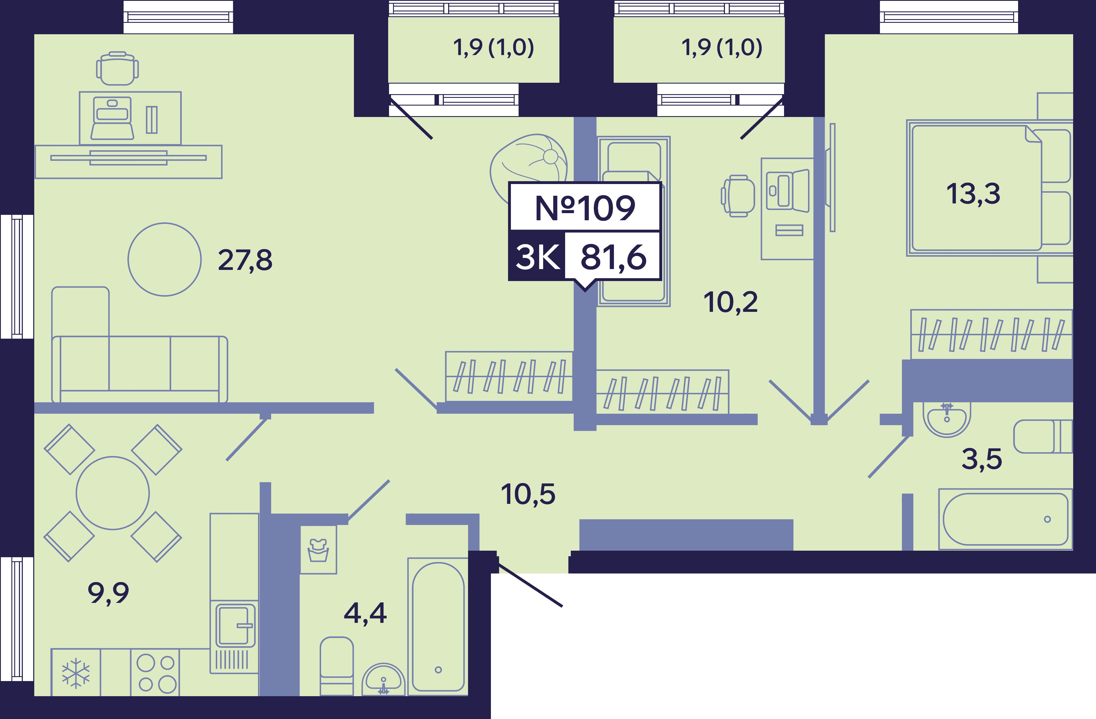 3 комн., 81.6 м²