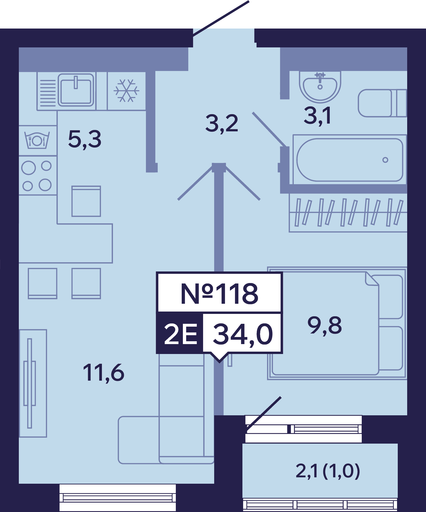 2 комн., 34.0 м²
