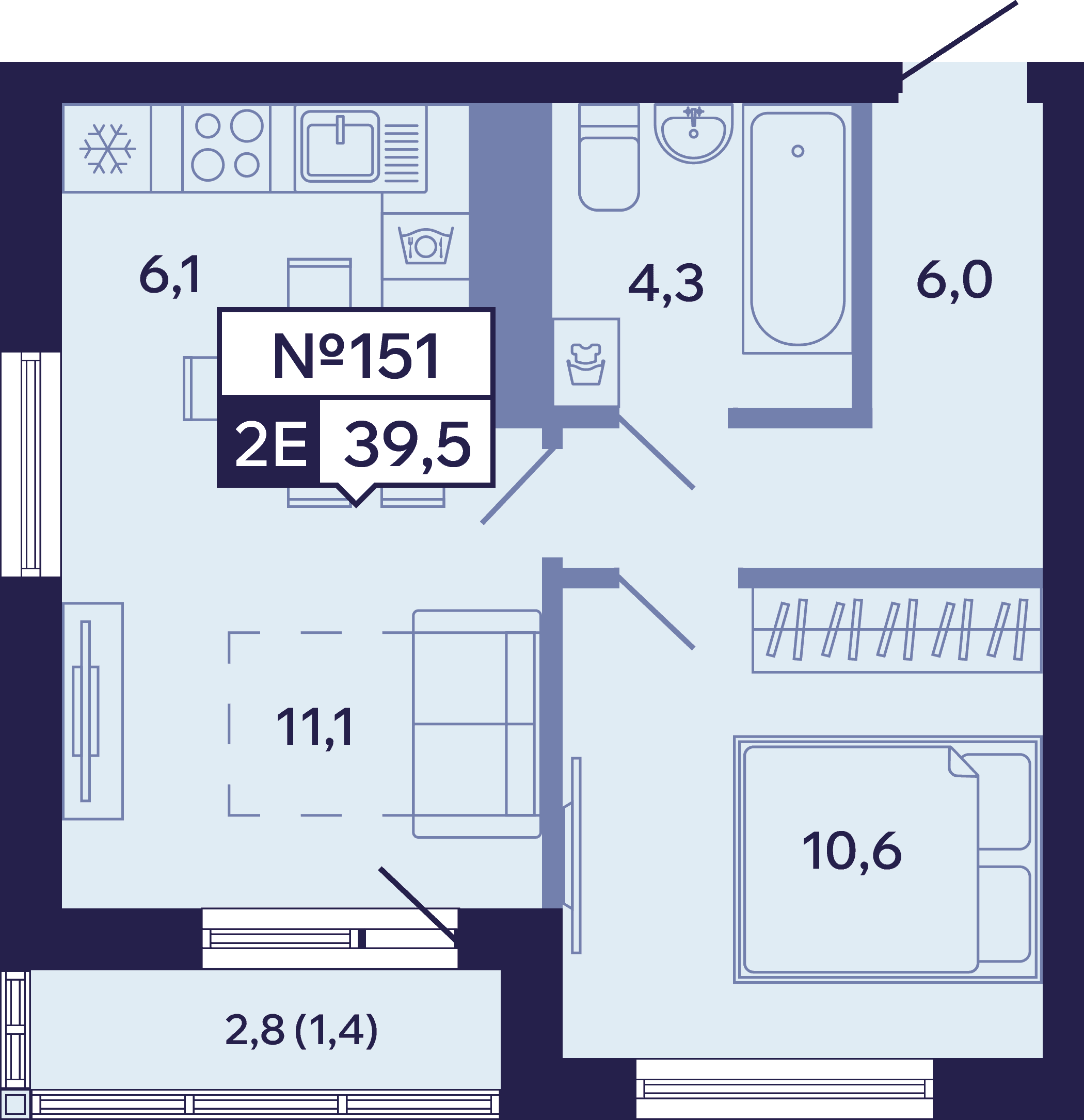 2 комн., 39.5 м²