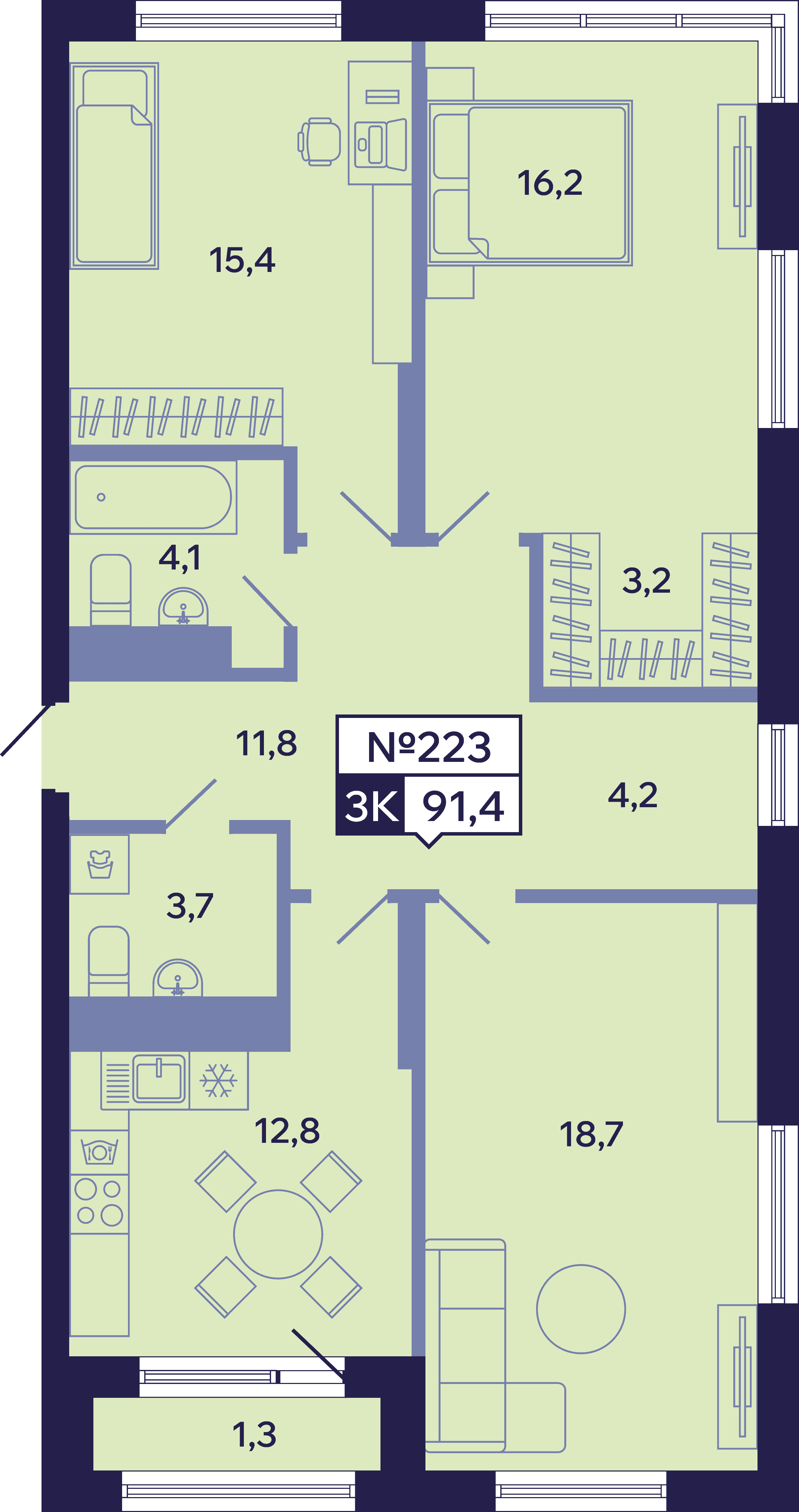 3 комн., 91.4 м²
