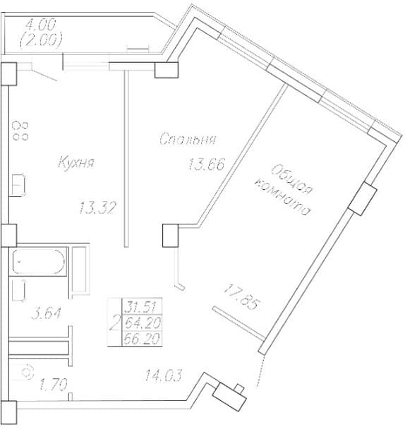 2 комн., 66.2 м²