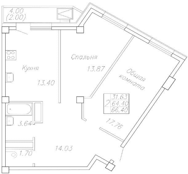 2 комн., 66.4 м²