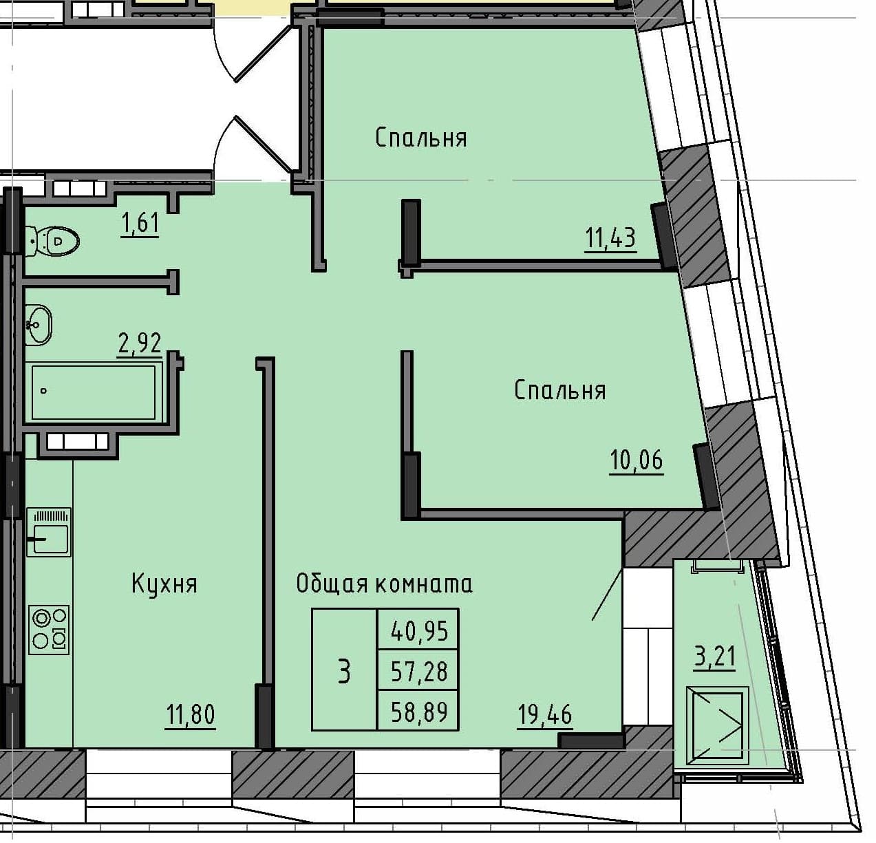 3 комн., 58.9 м²
