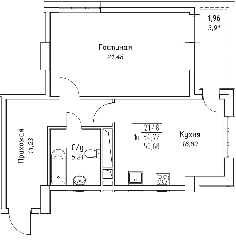 1 комн., 56.7 м²
