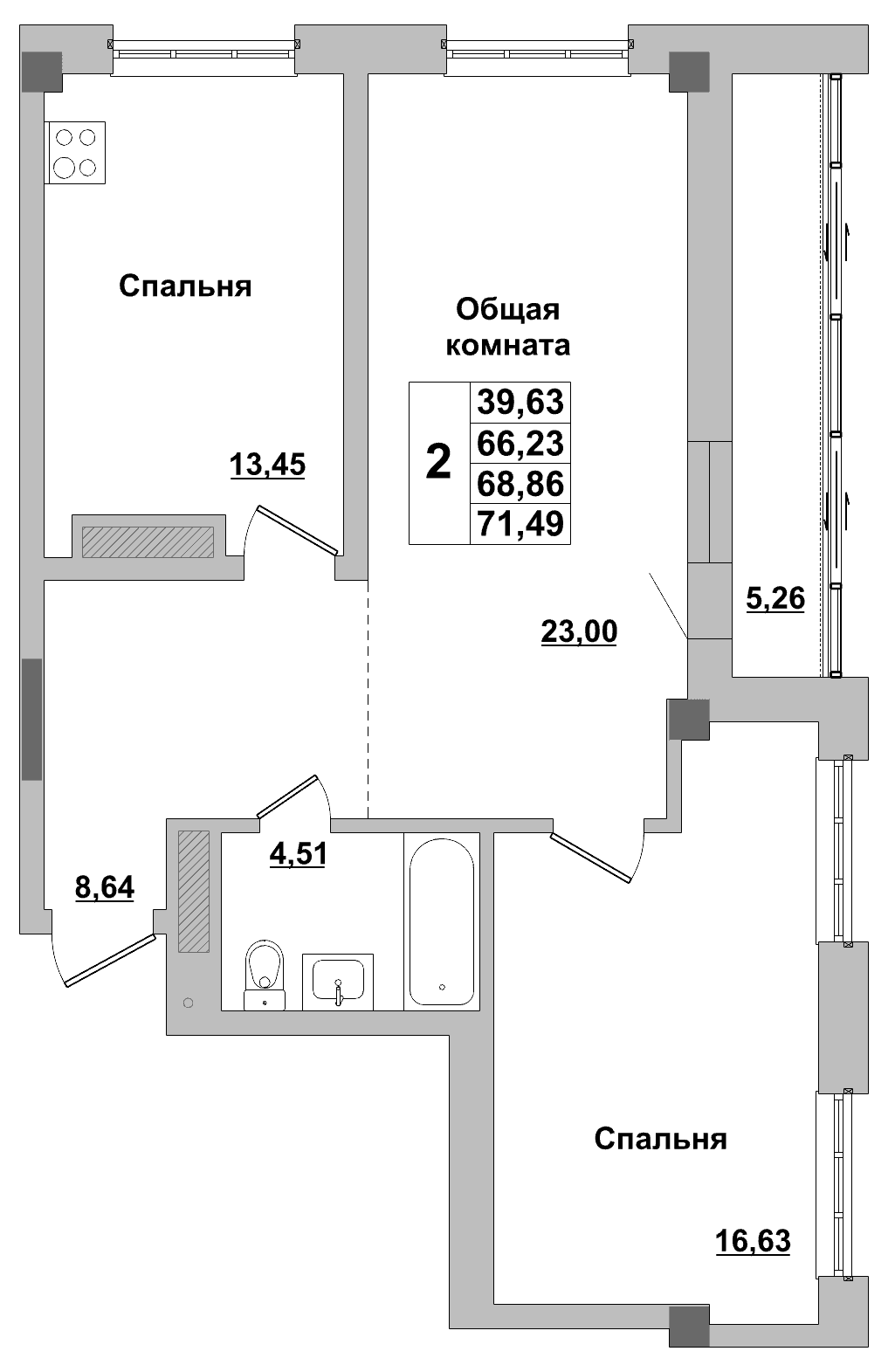 2 комн., 68.9 м²