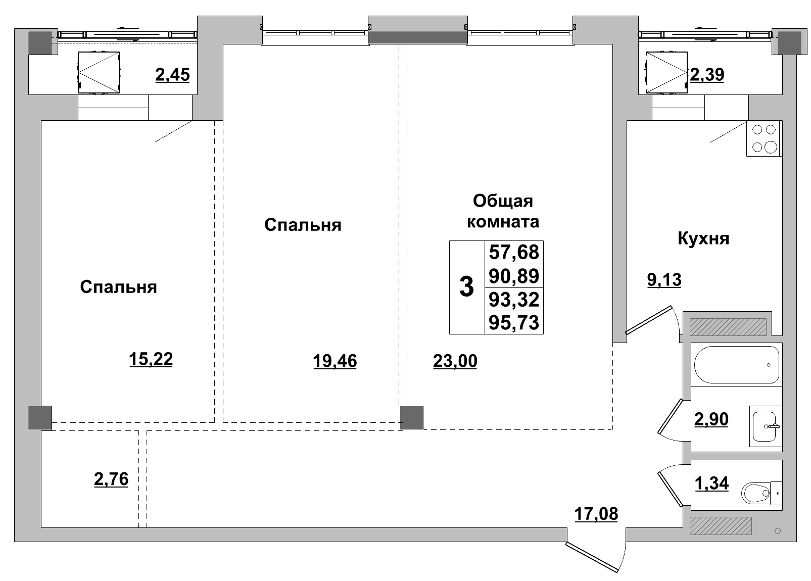 3 комн., 93.3 м²