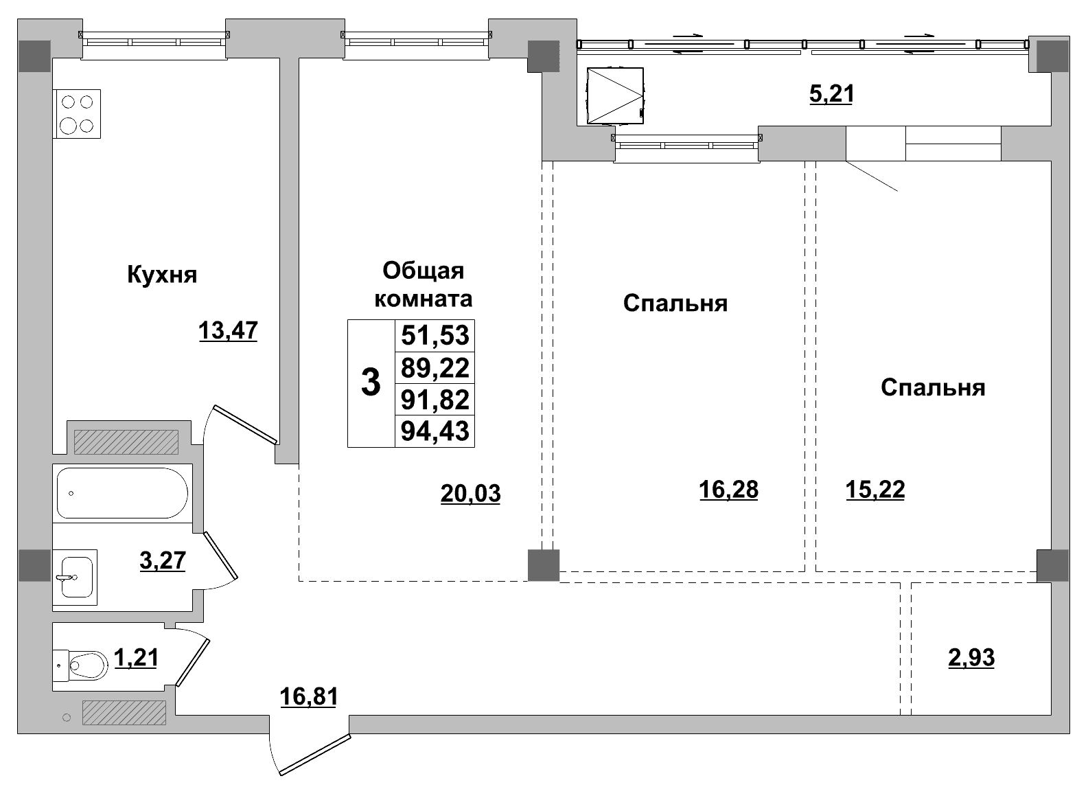 3 комн., 91.8 м²