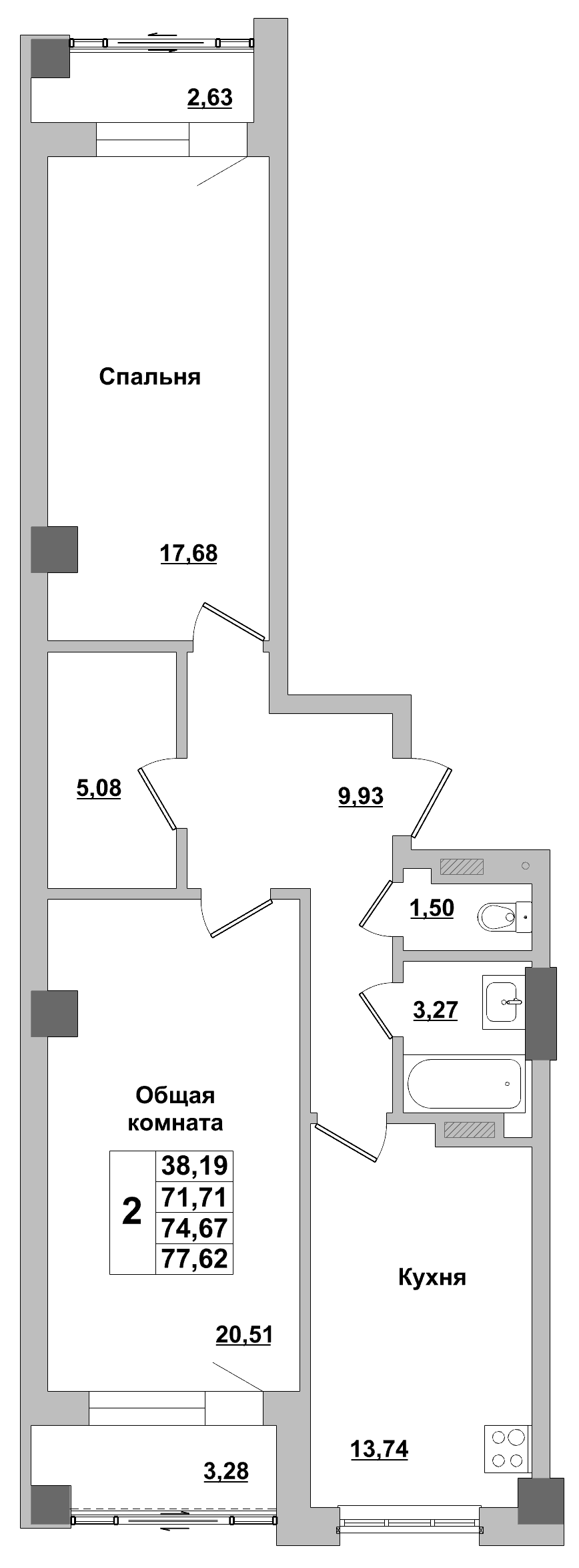 2 комн., 74.7 м²