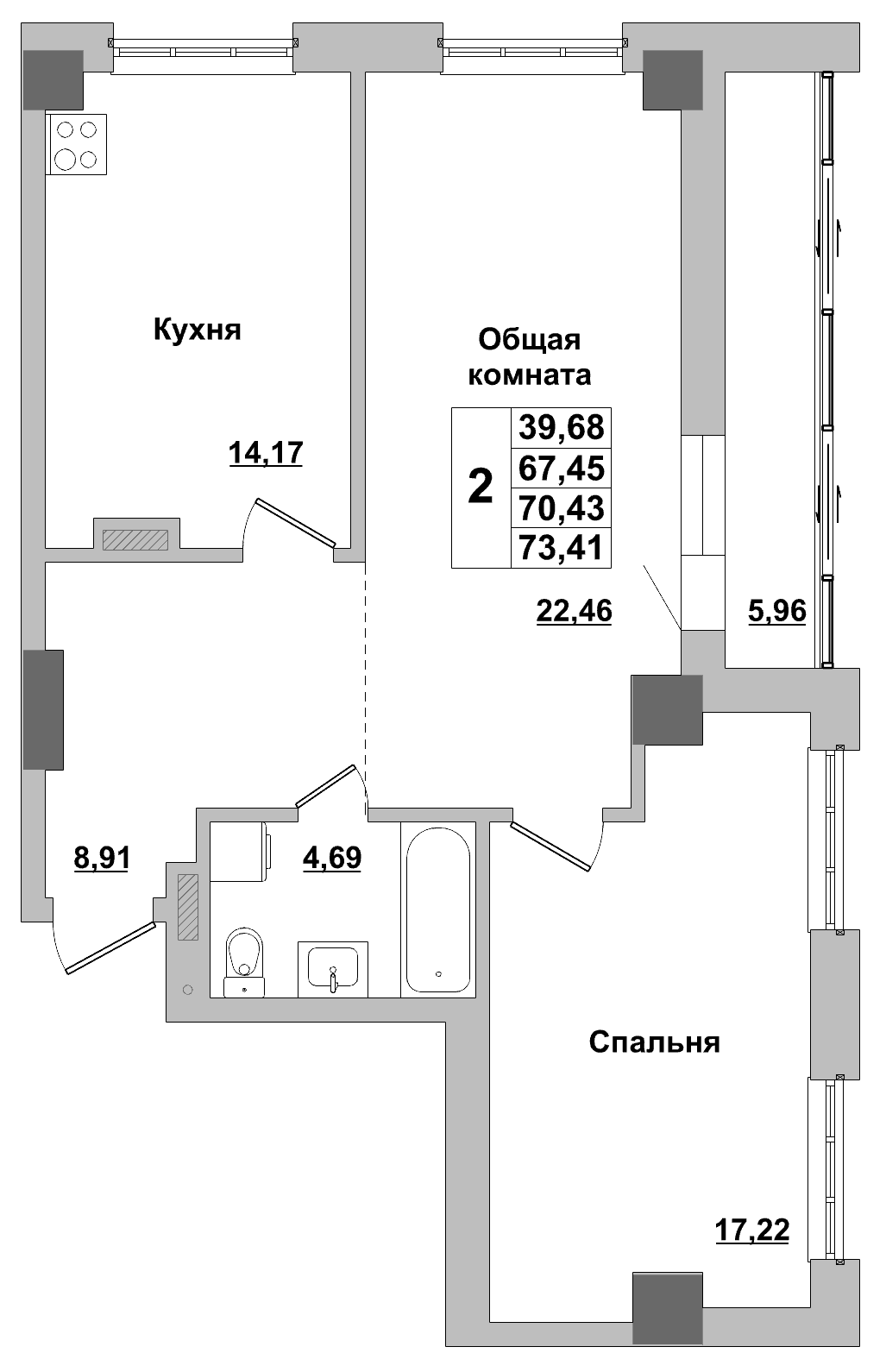 2 комн., 70.4 м²
