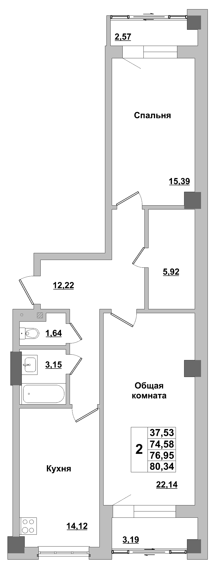 2 комн., 77.0 м²