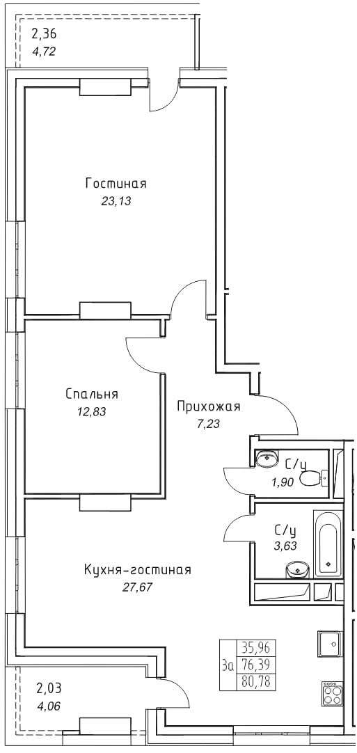 3 комн., 80.8 м²