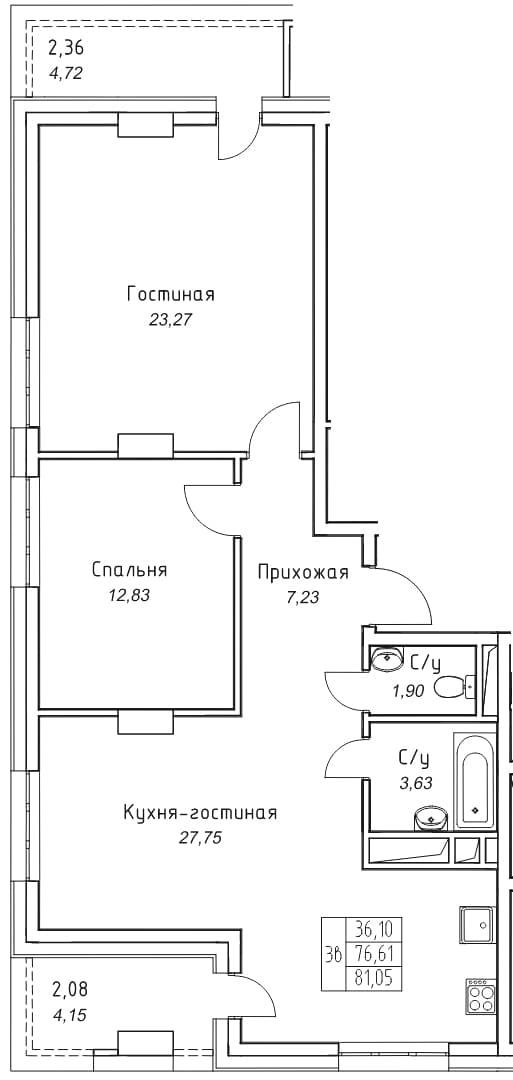 3 комн., 81.0 м²