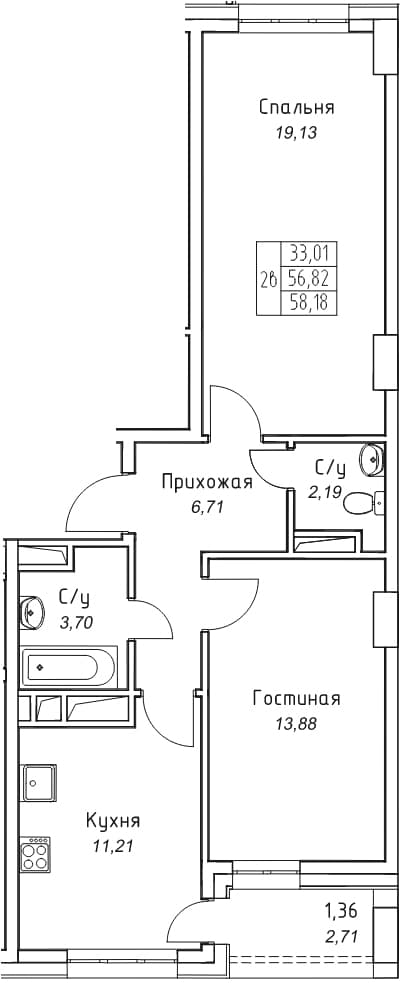 2 комн., 58.2 м²