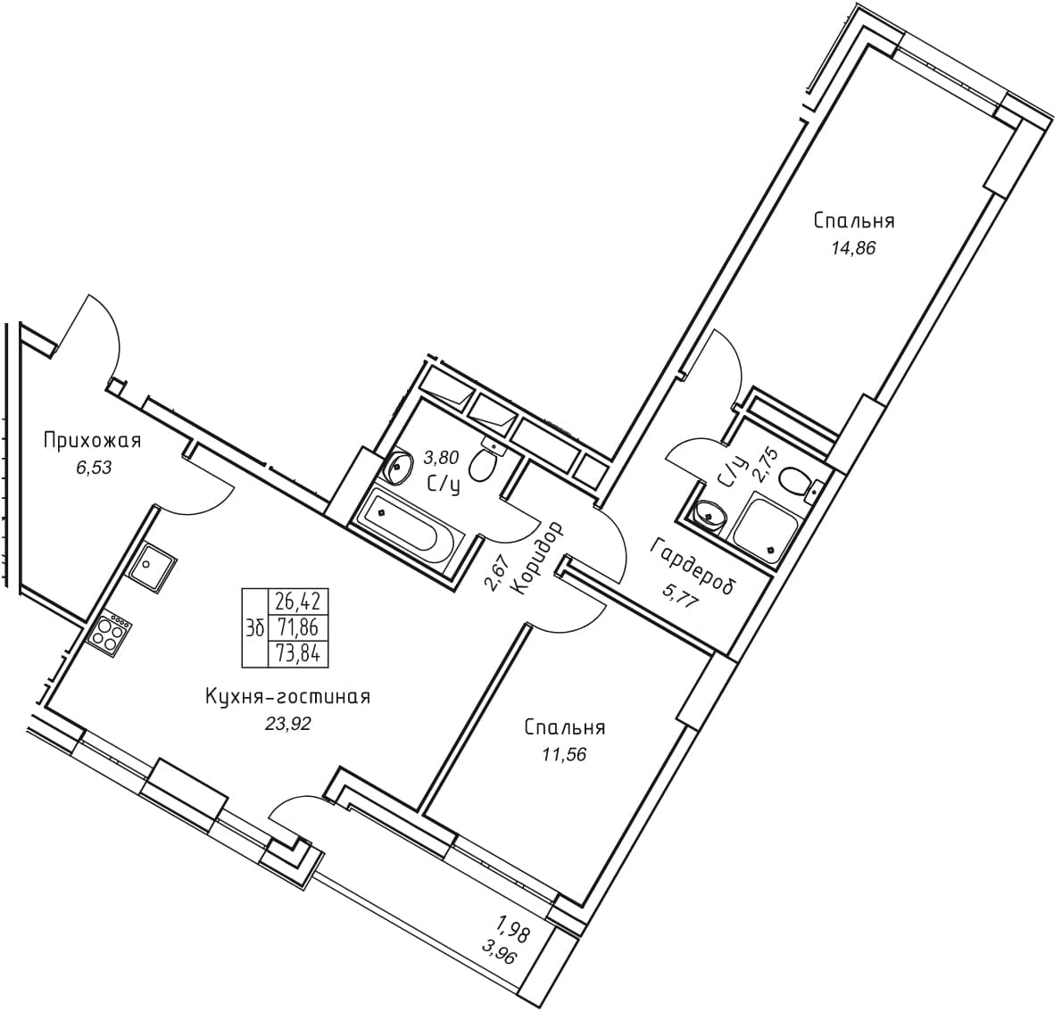 3 комн., 73.8 м²
