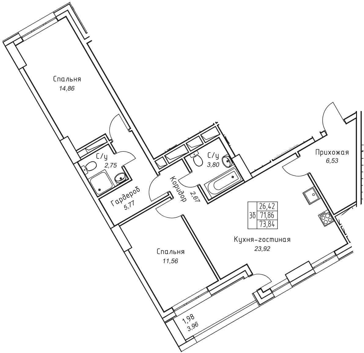 3 комн., 73.8 м²