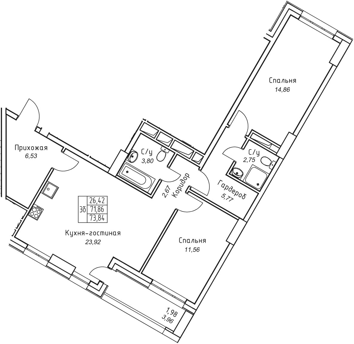 3 комн., 73.8 м²