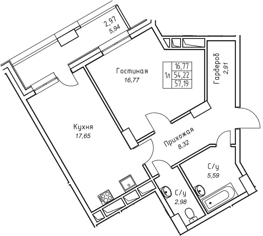 1 комн., 57.2 м²