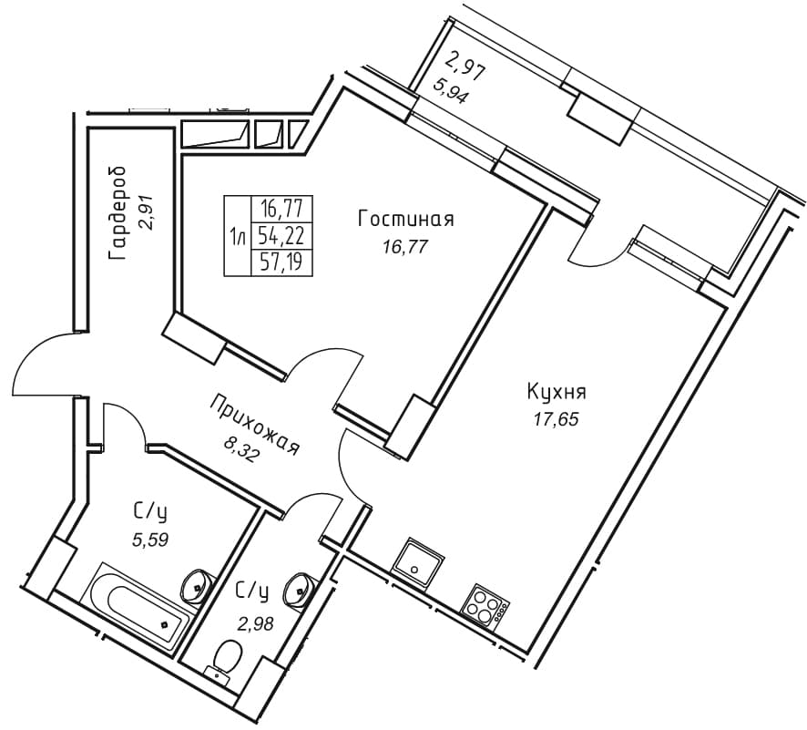 1 комн., 57.2 м²