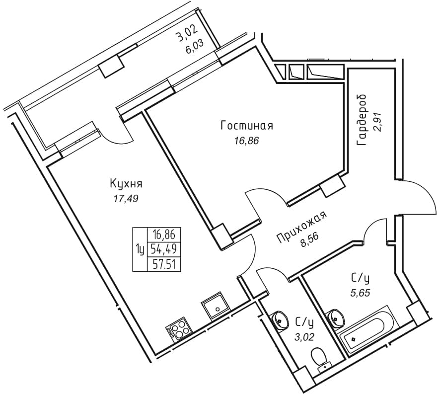 1 комн., 57.5 м²