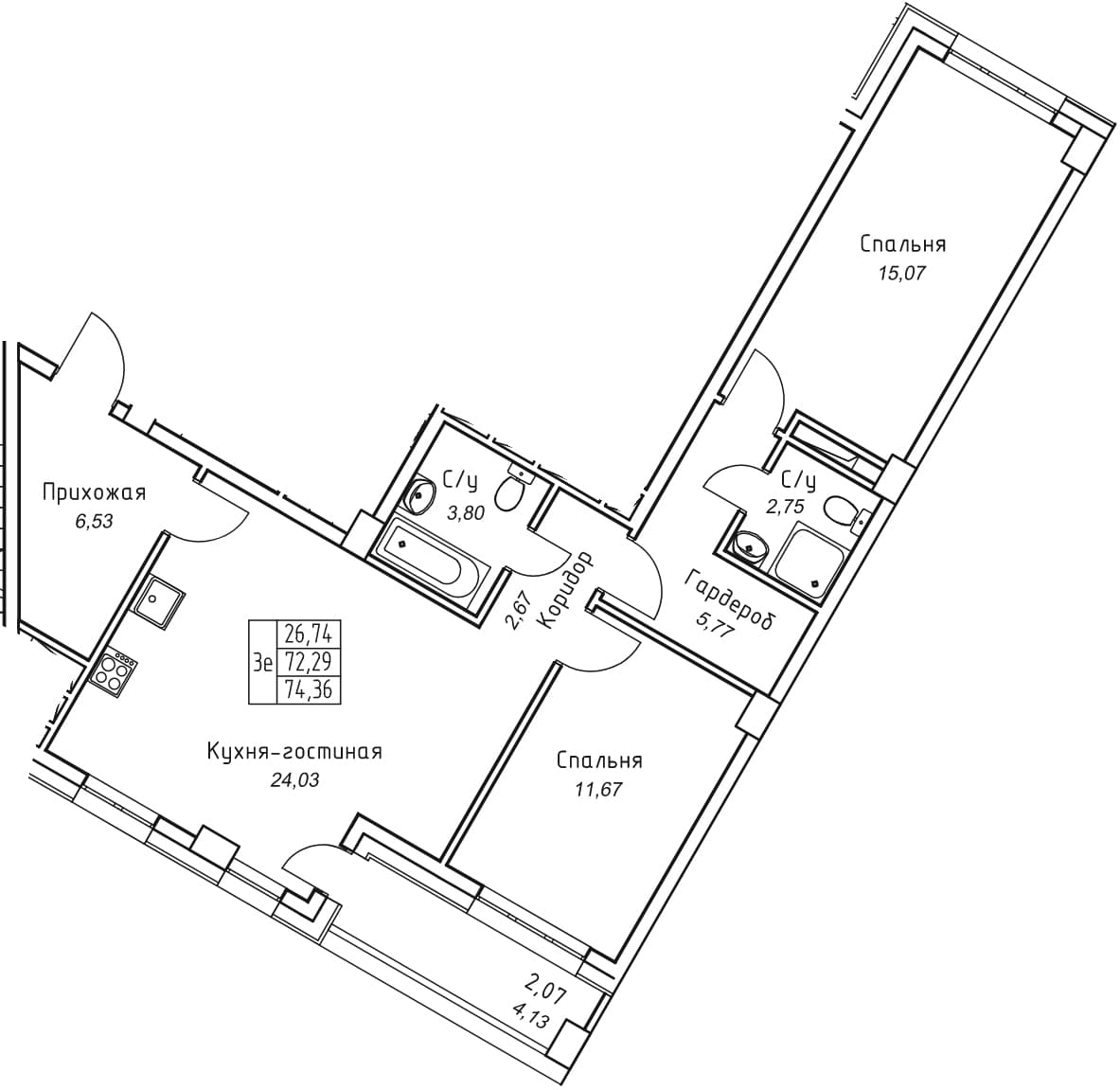 3 комн., 74.4 м²