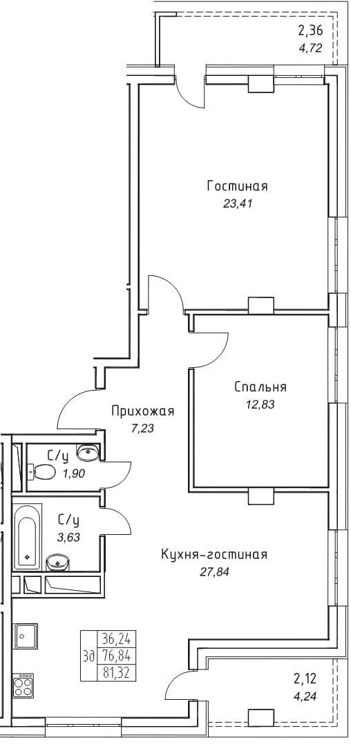 3 комн., 81.3 м²