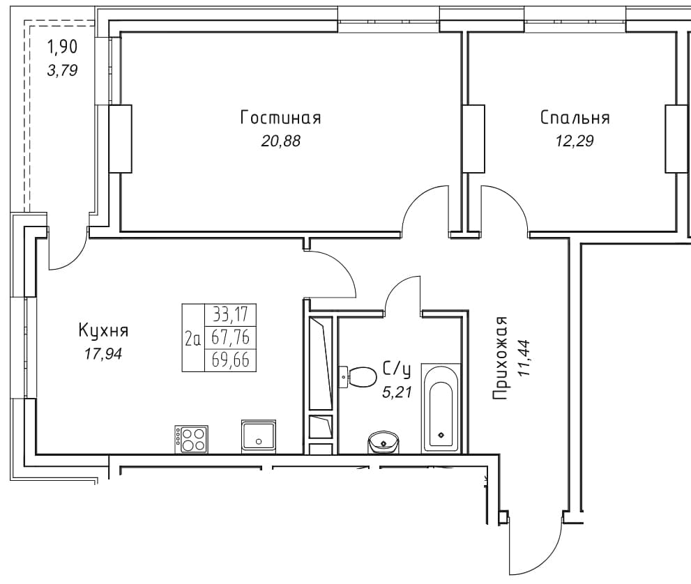 2 комн., 69.7 м²