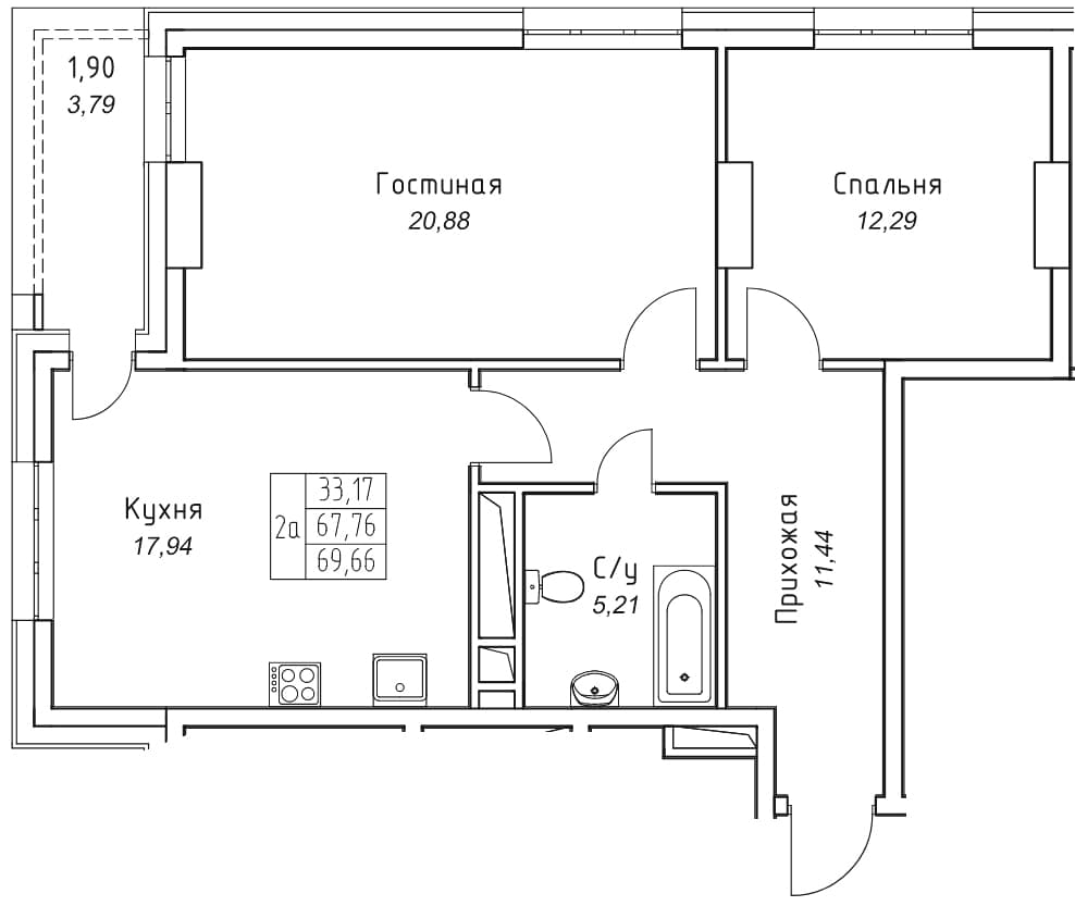 2 комн., 69.7 м²