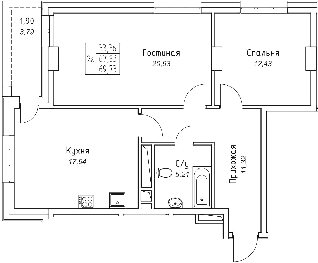 2 комн., 69.7 м²