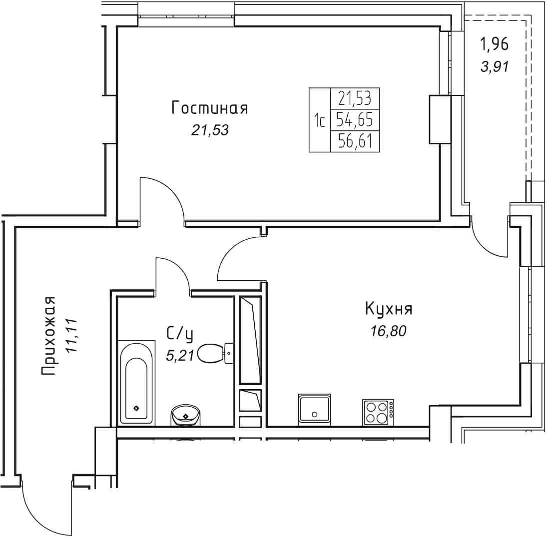 1 комн., 56.6 м²