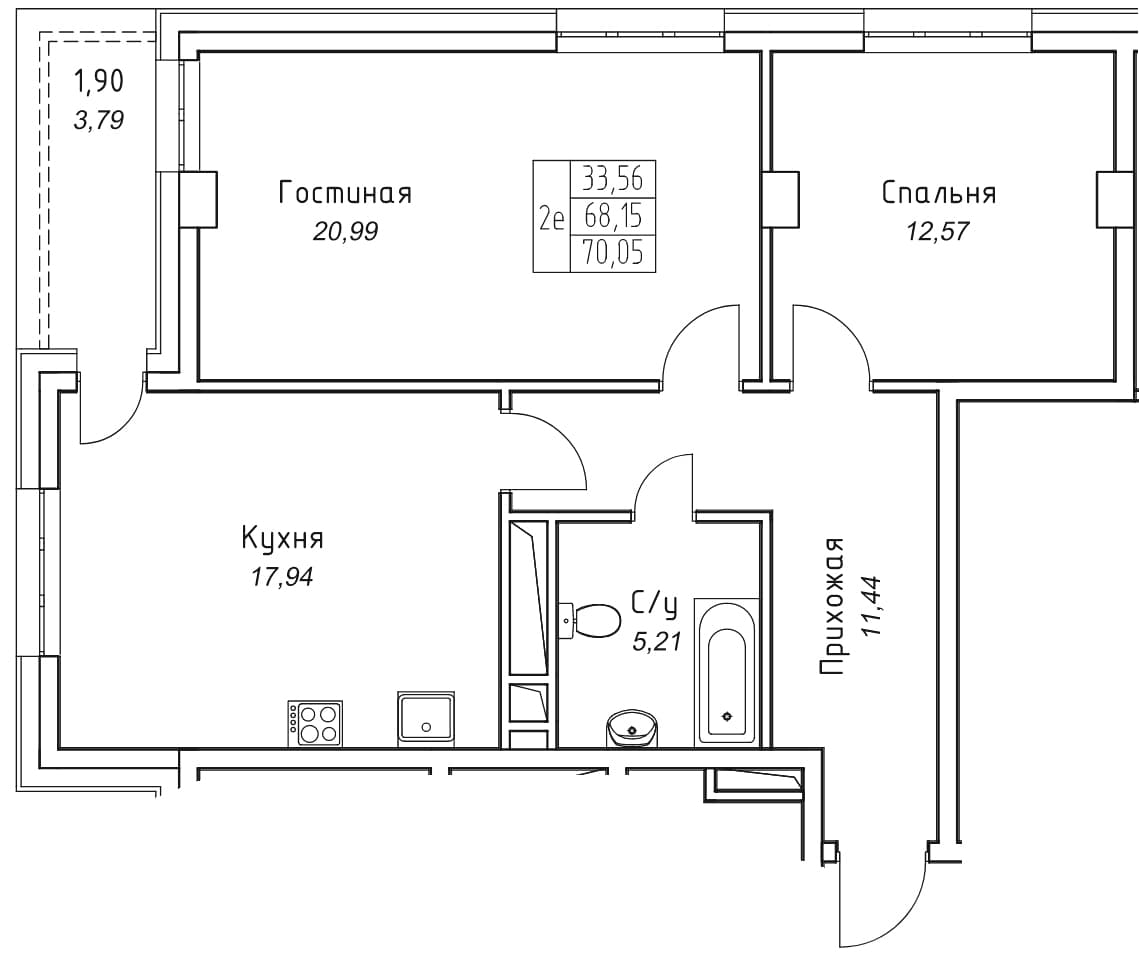 2 комн., 70.0 м²