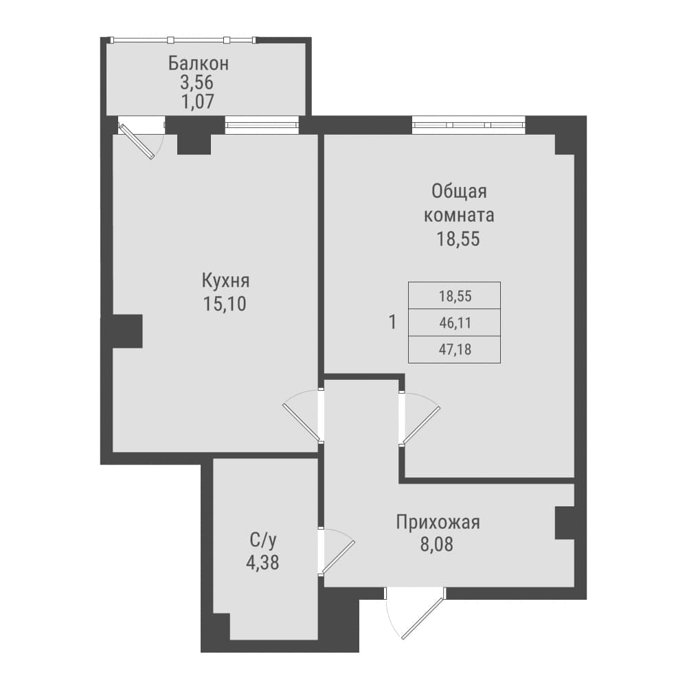 1 комн., 47.2 м²