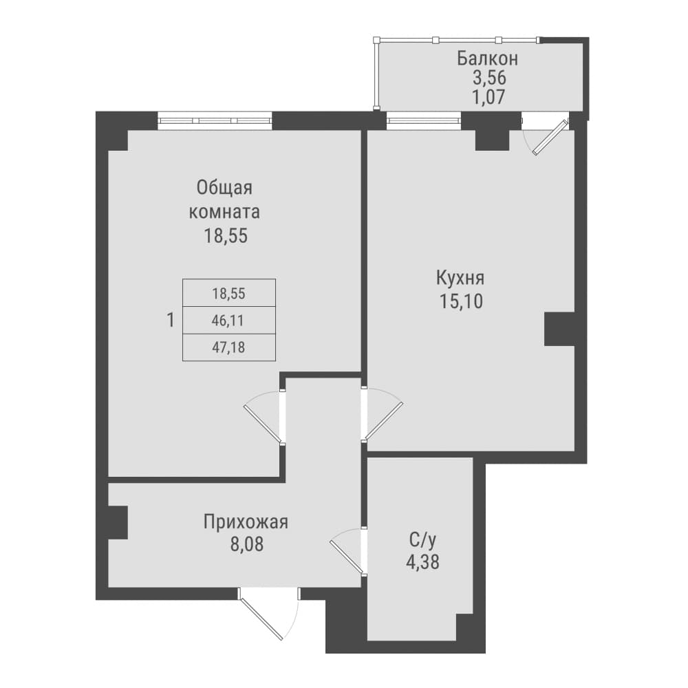 1 комн., 47.2 м²