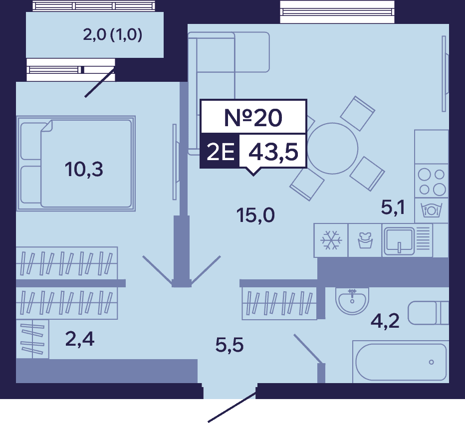 2 комн., 43.5 м²