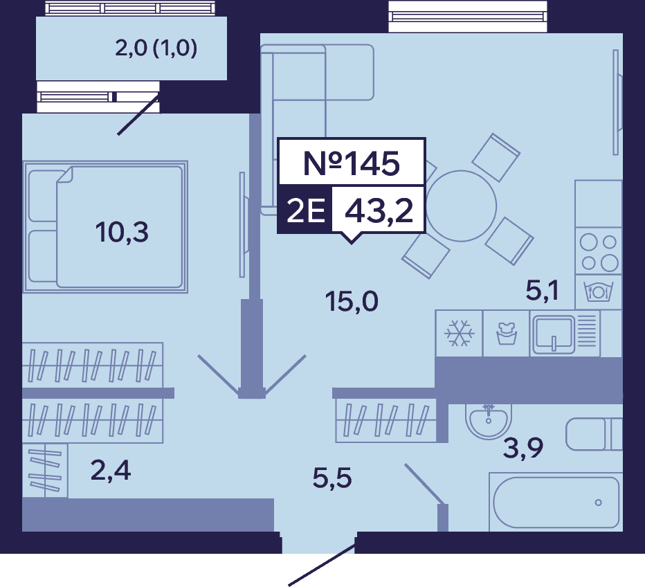 2 комн., 43.2 м²