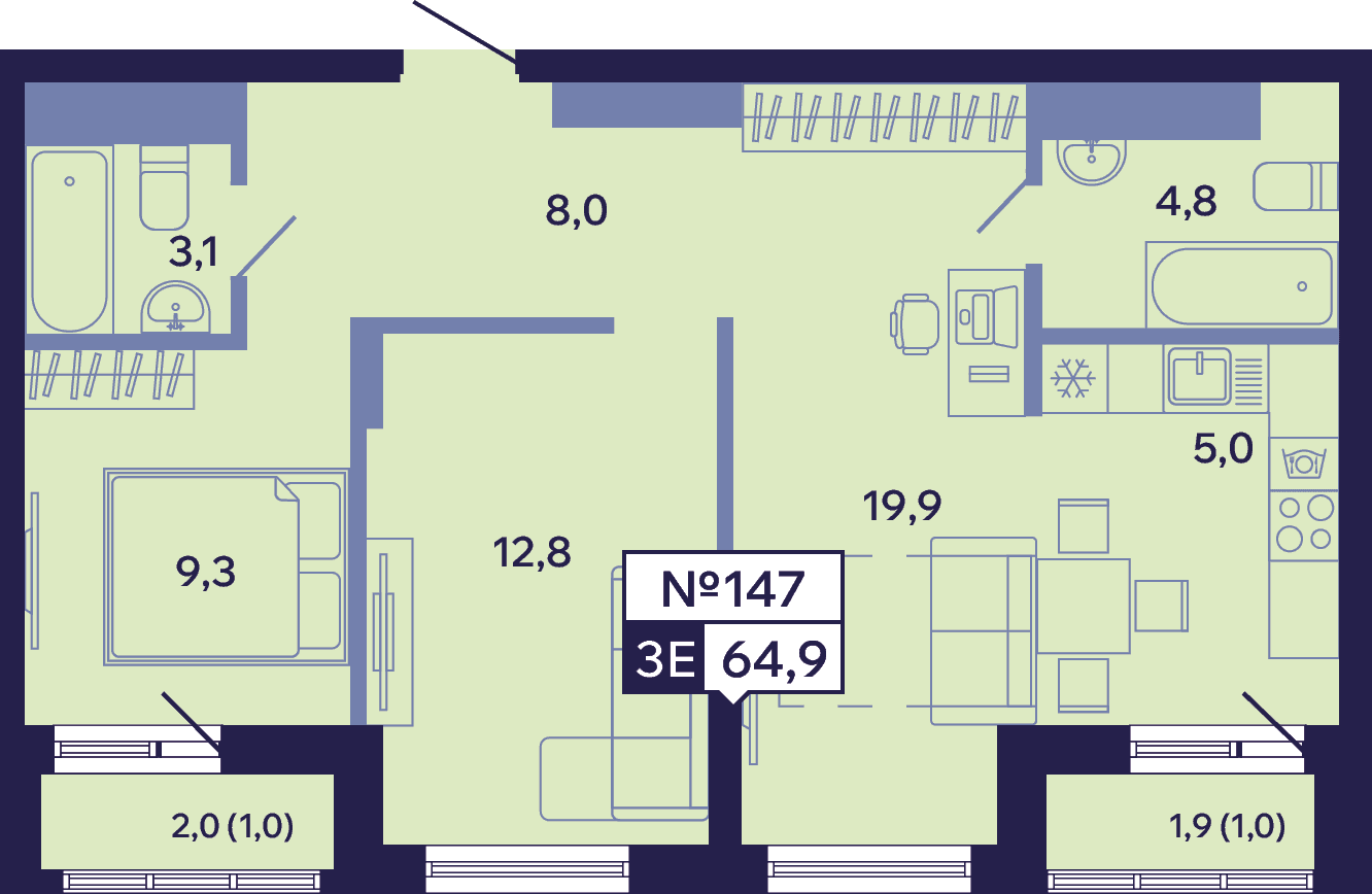 3 комн., 64.9 м²
