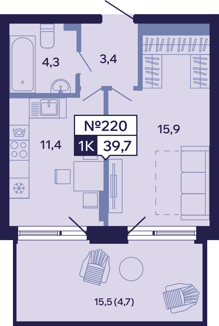 1 комн., 39.7 м²