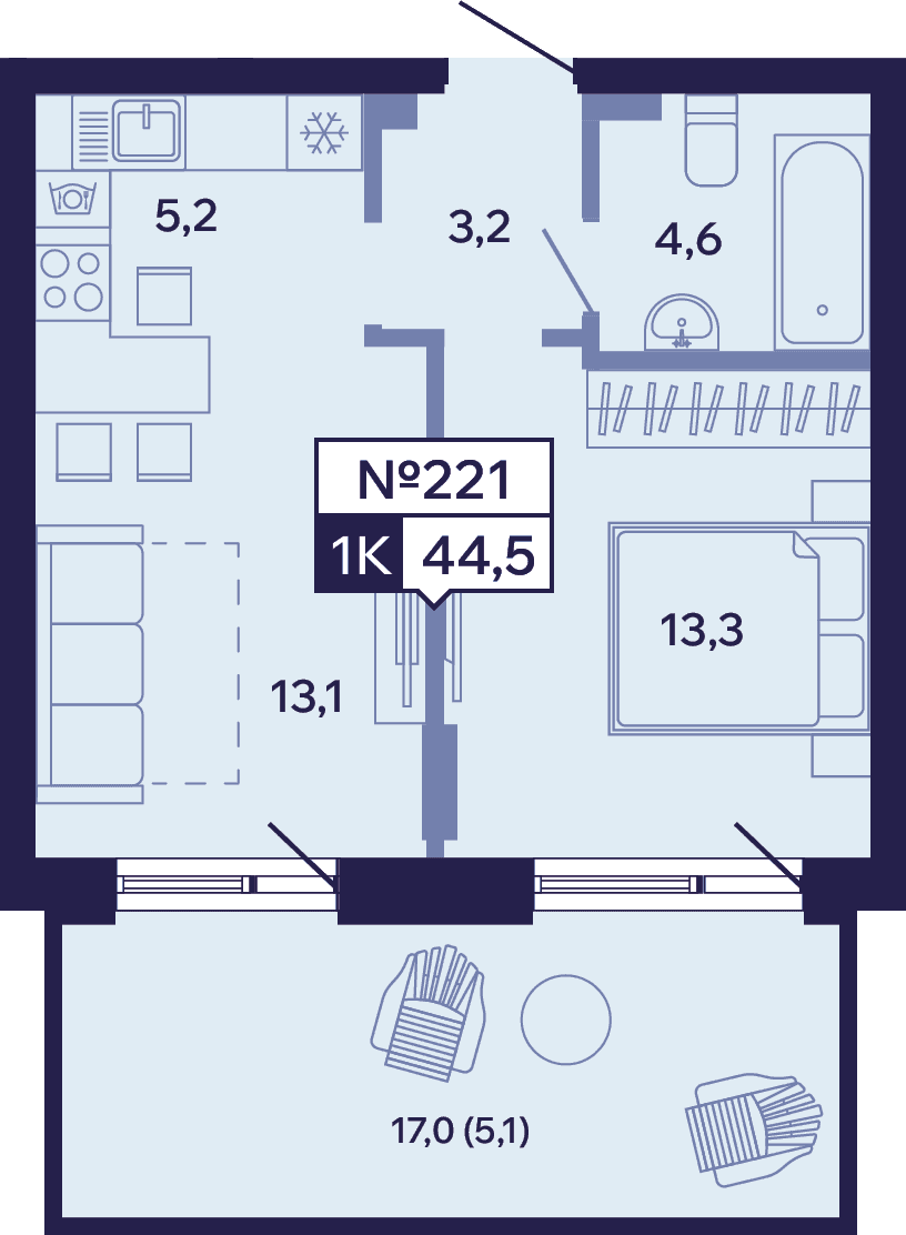 2 комн., 44.5 м²