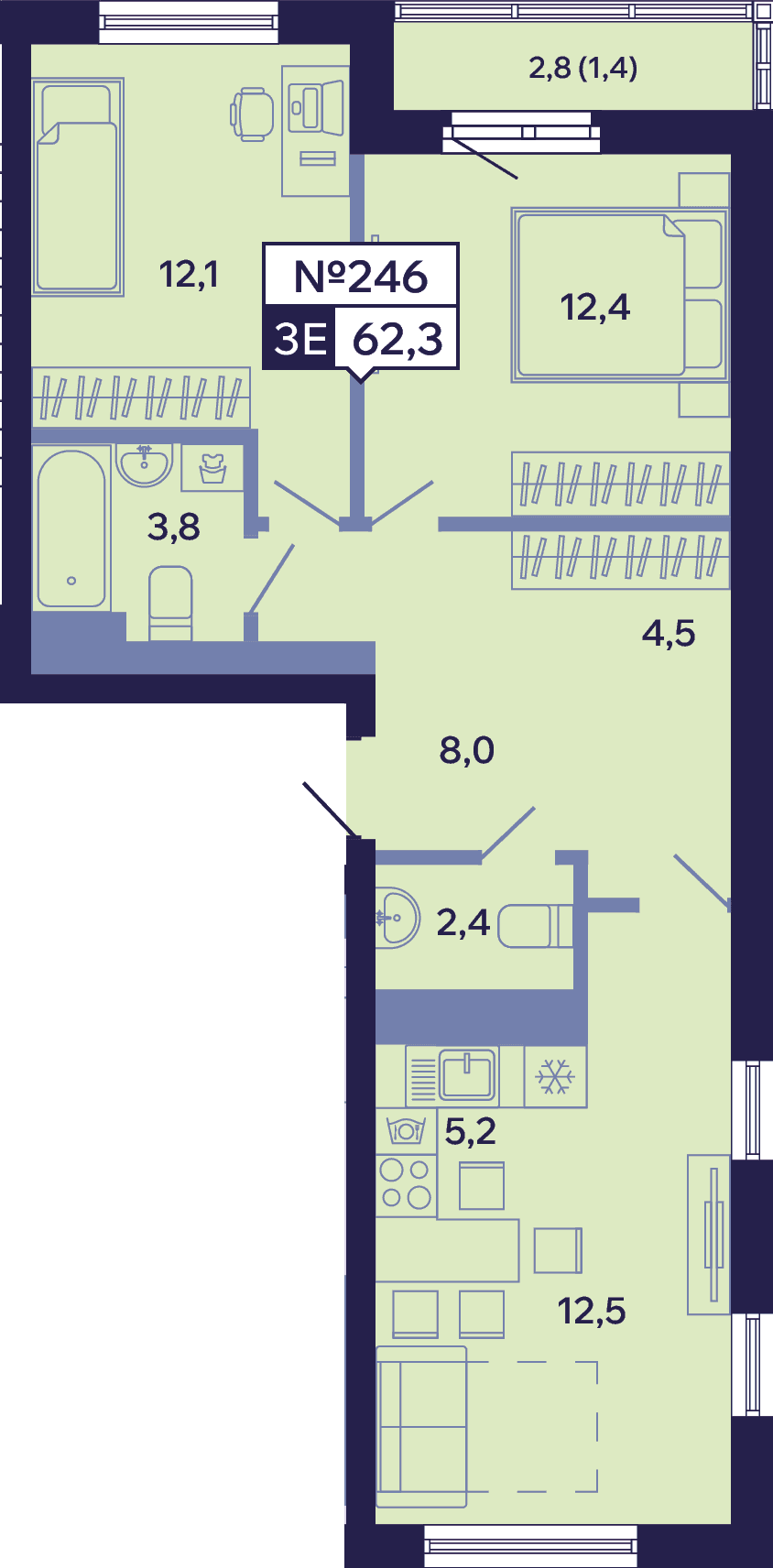 3 комн., 62.3 м²