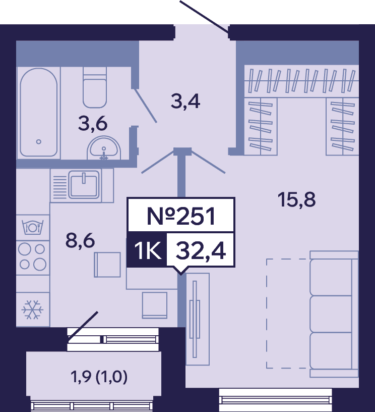 1 комн., 32.2 м²