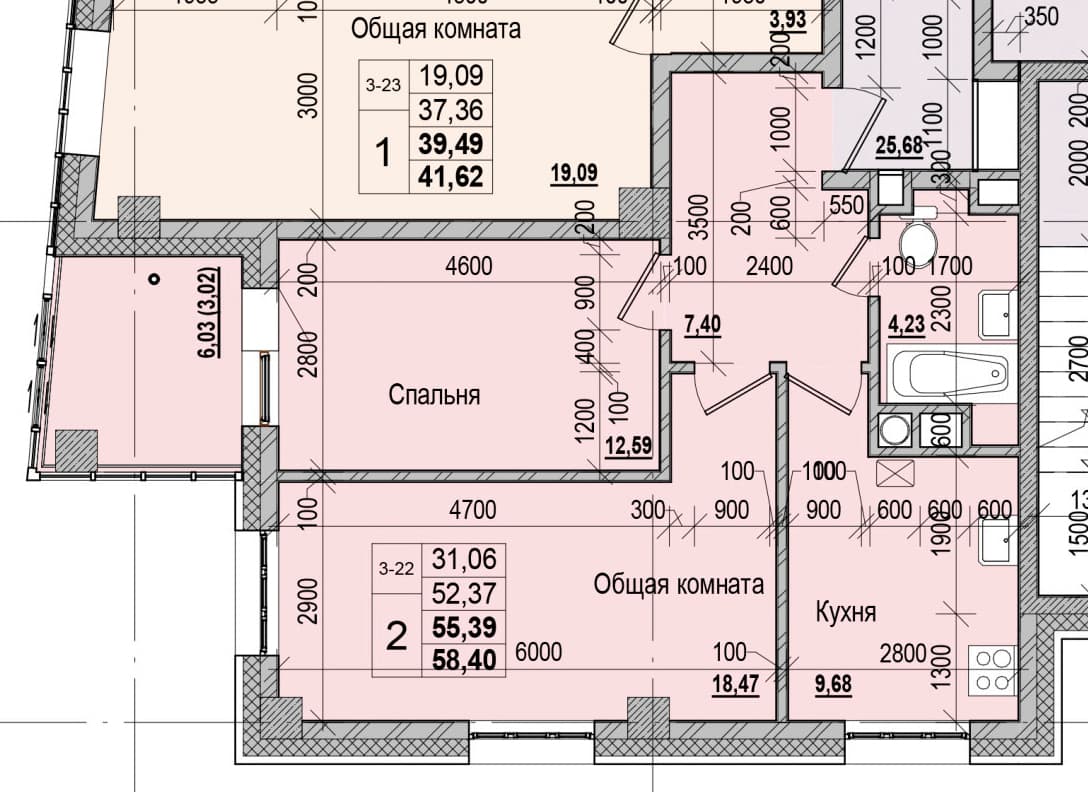 2 комн., 55.4 м²