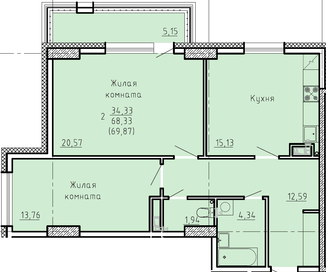 2 комн., 69.9 м²