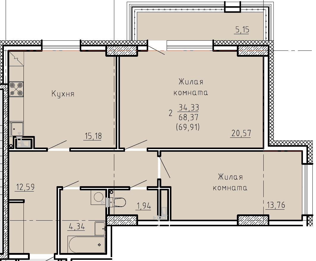 2 комн., 69.9 м²