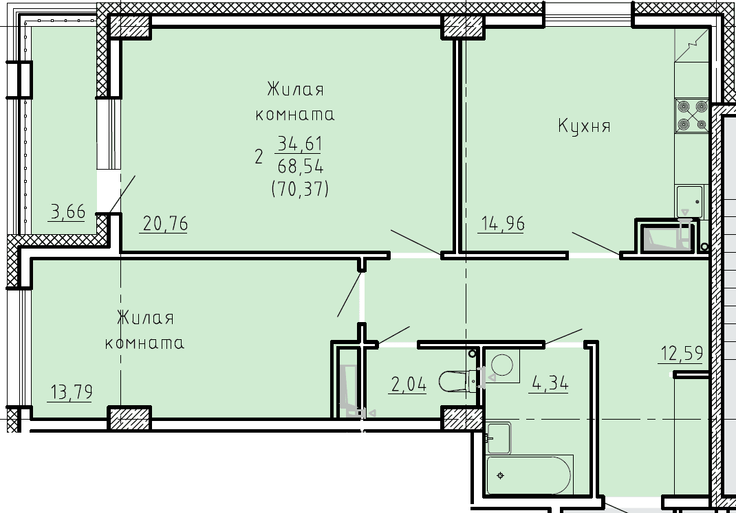 2 комн., 70.3 м²