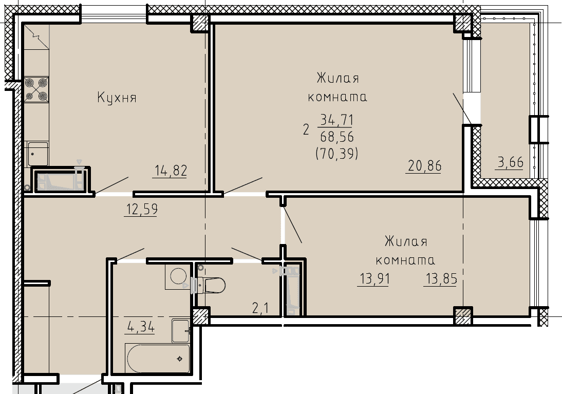 2 комн., 70.4 м²